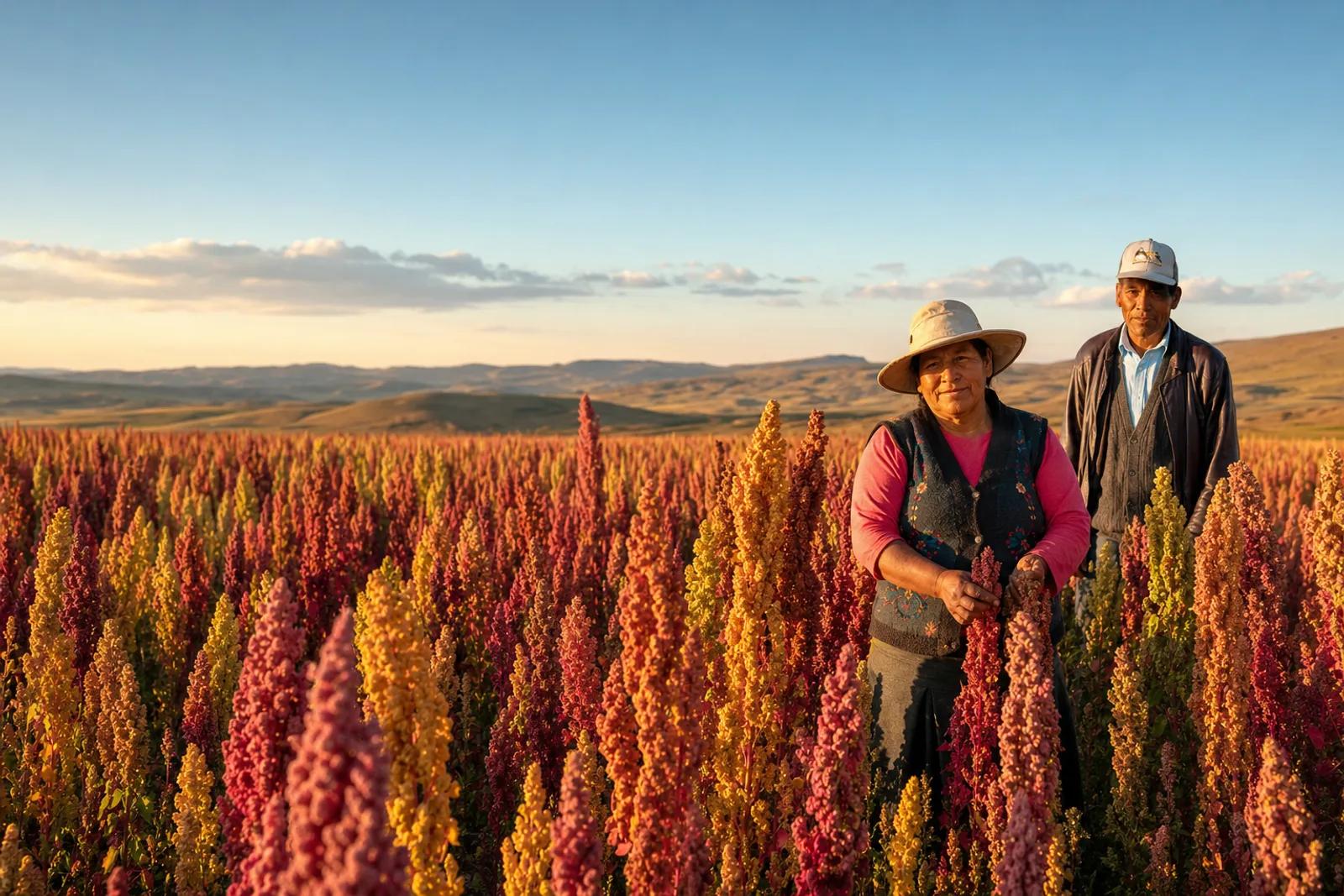 Andean farmers standing among rows of colourful native quinoa