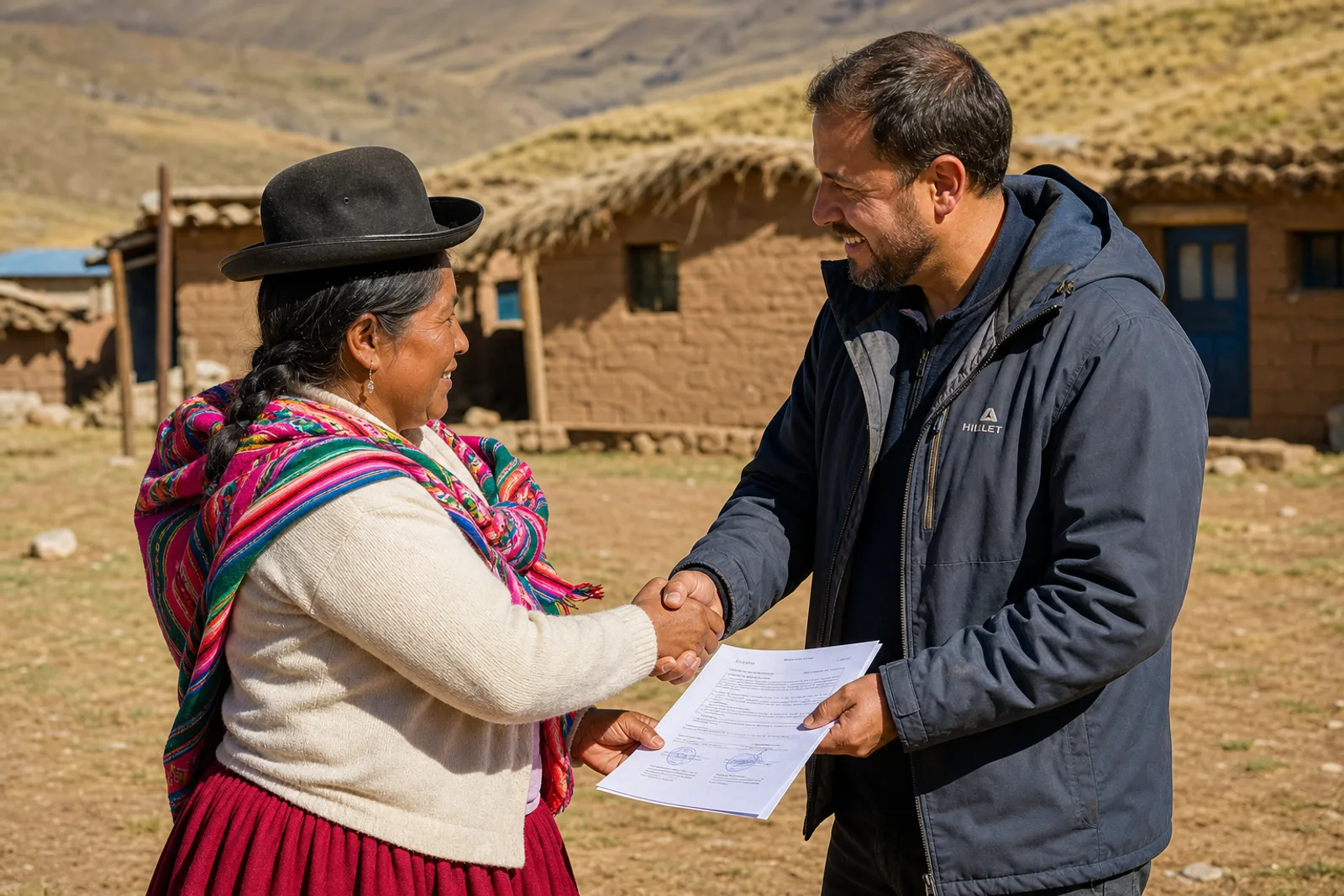 A RESCA representative handing a conservation agreement to a farmer