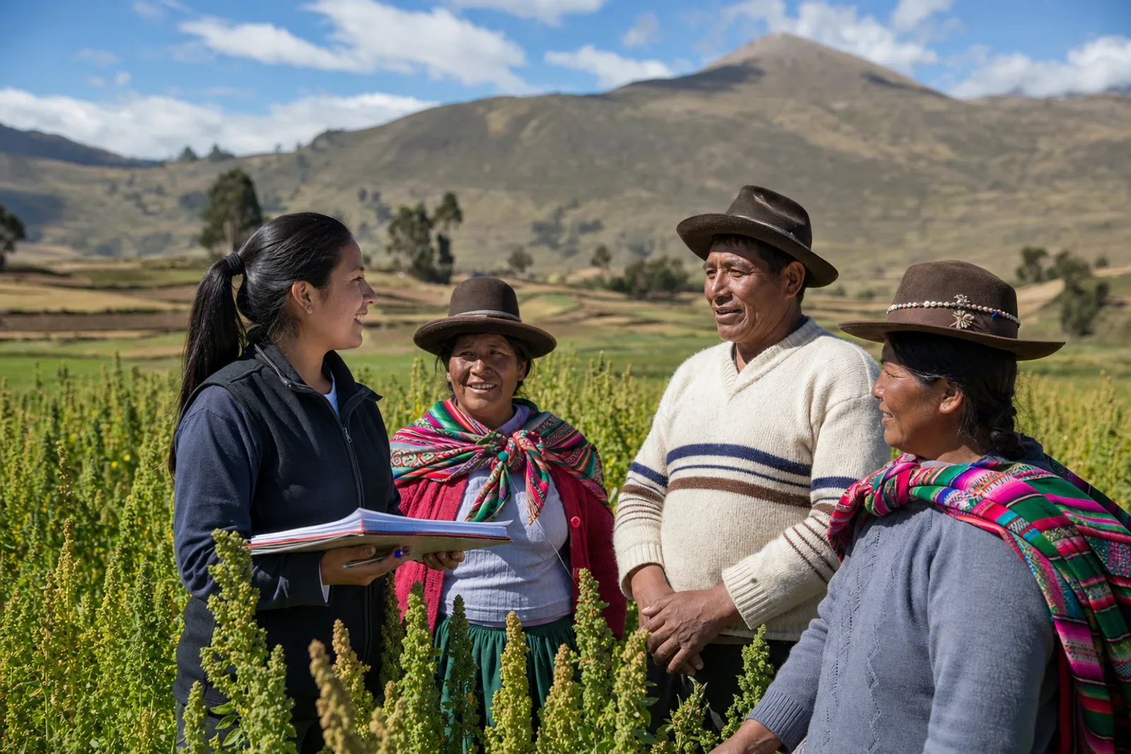 A field technician meeting a farming community during a monitoring visit